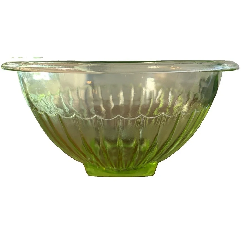Vintage Uranium Glass Mixing Bowl Green UV Glow Ribbed Scalloped 9